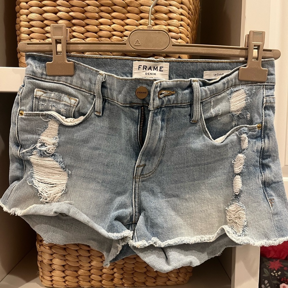 Frame Denim Light Blue Distressed Jean Shorts